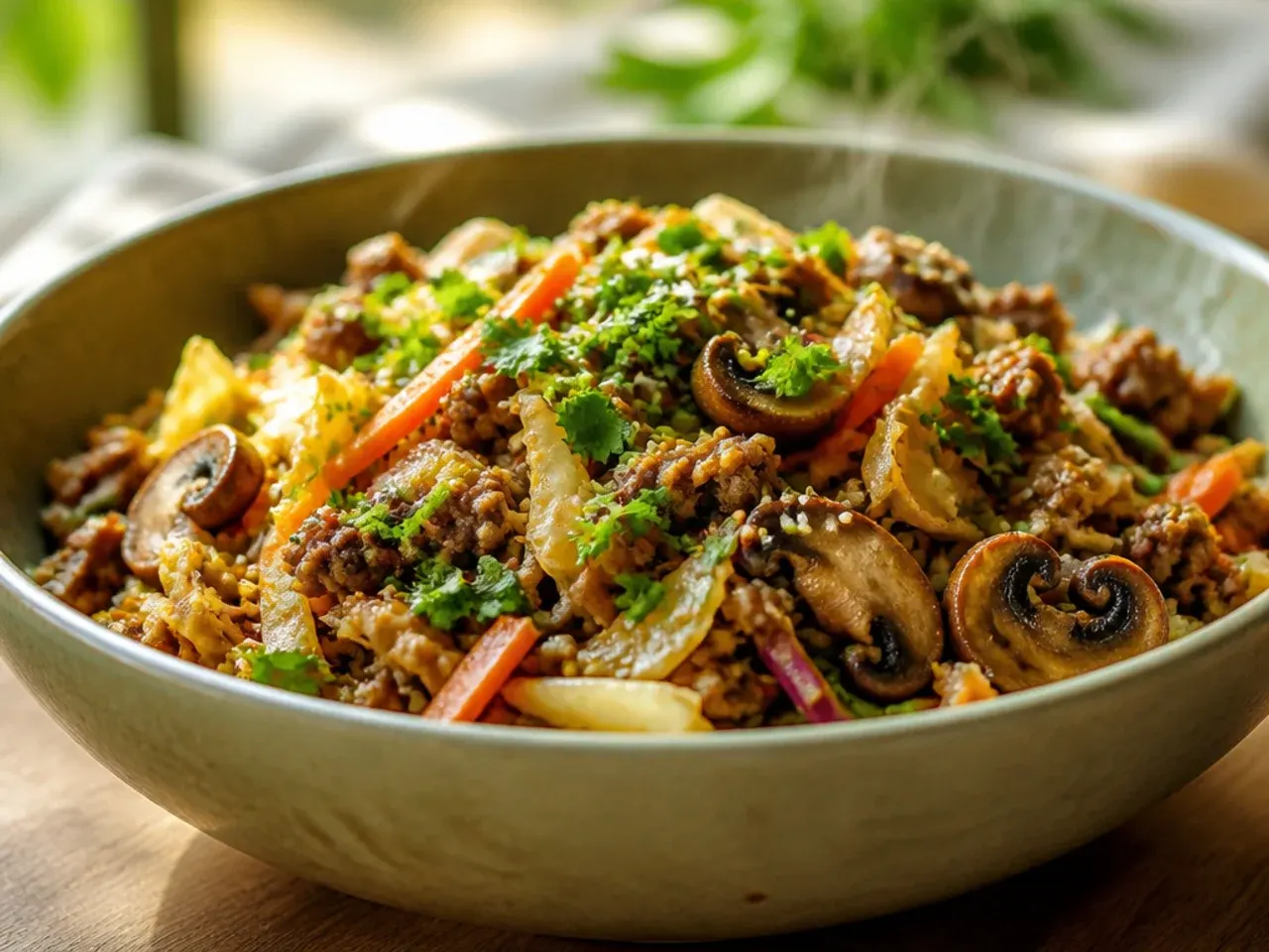 Sliced mushrooms cooking alongside ground pork in a skillet