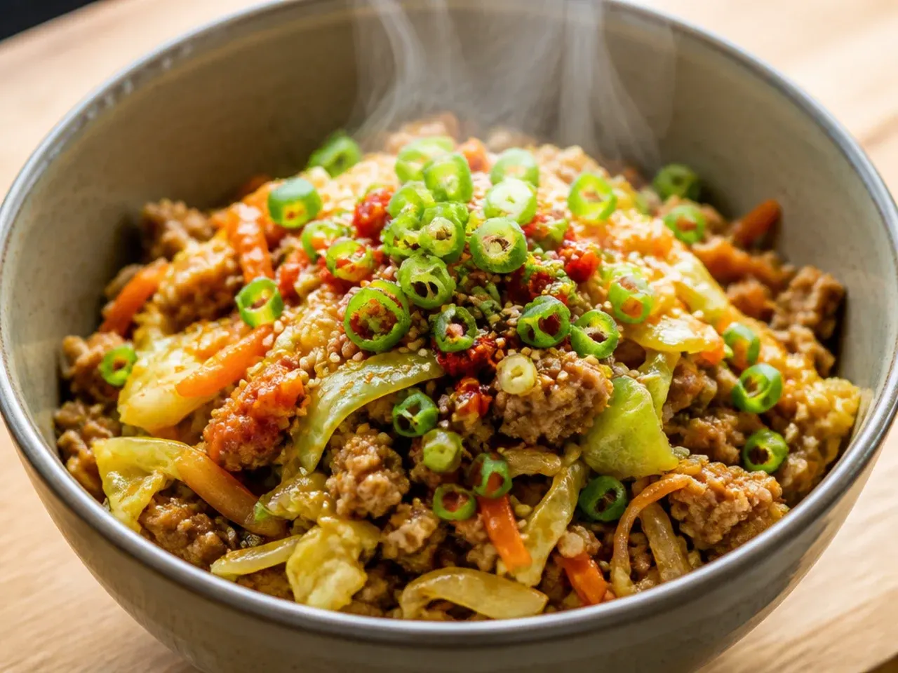 Finished egg roll in a bowl topped with spring onion, sesame seeds and sriracha mayo