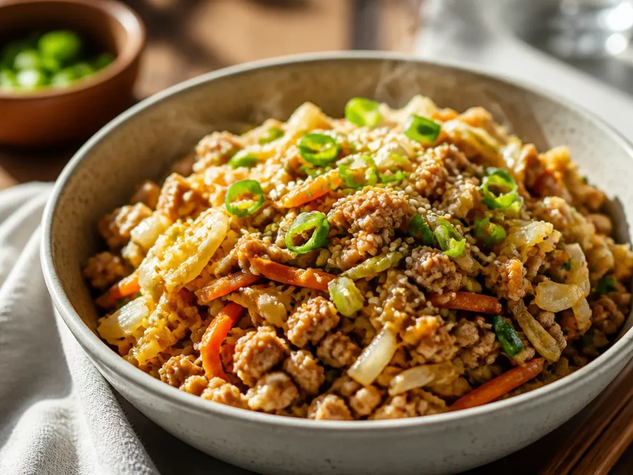 A finished bowl of healthy egg roll in a bowl ready to serve at the table