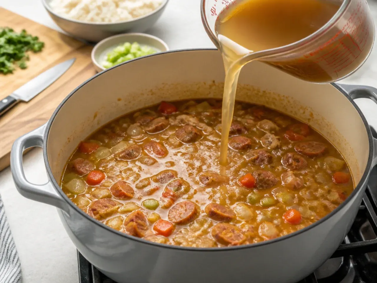 healthy gumbo recipe — step 4: add stock and simmer