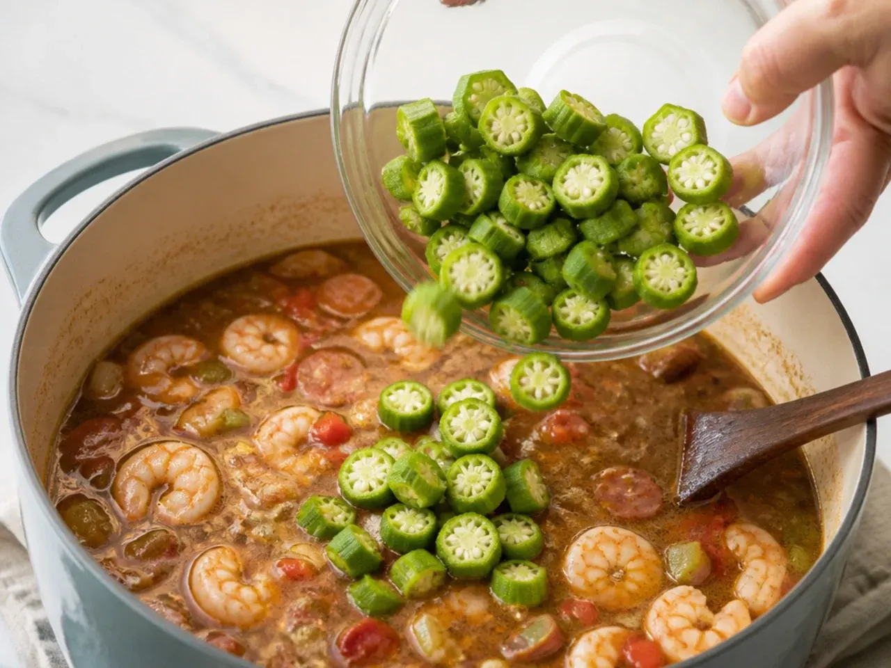 healthy gumbo recipe — step 6: add okra to thicken