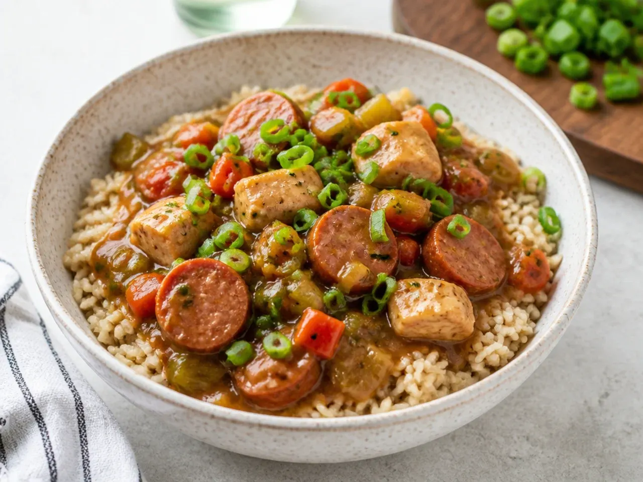 Bowl of healthy gumbo recipe over brown rice topped with sliced sausage and green onion