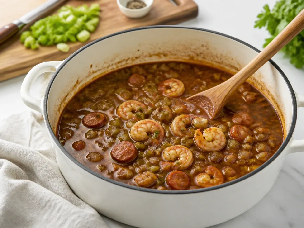 Classic healthy gumbo recipe with a dark oil roux simmering in a Dutch oven