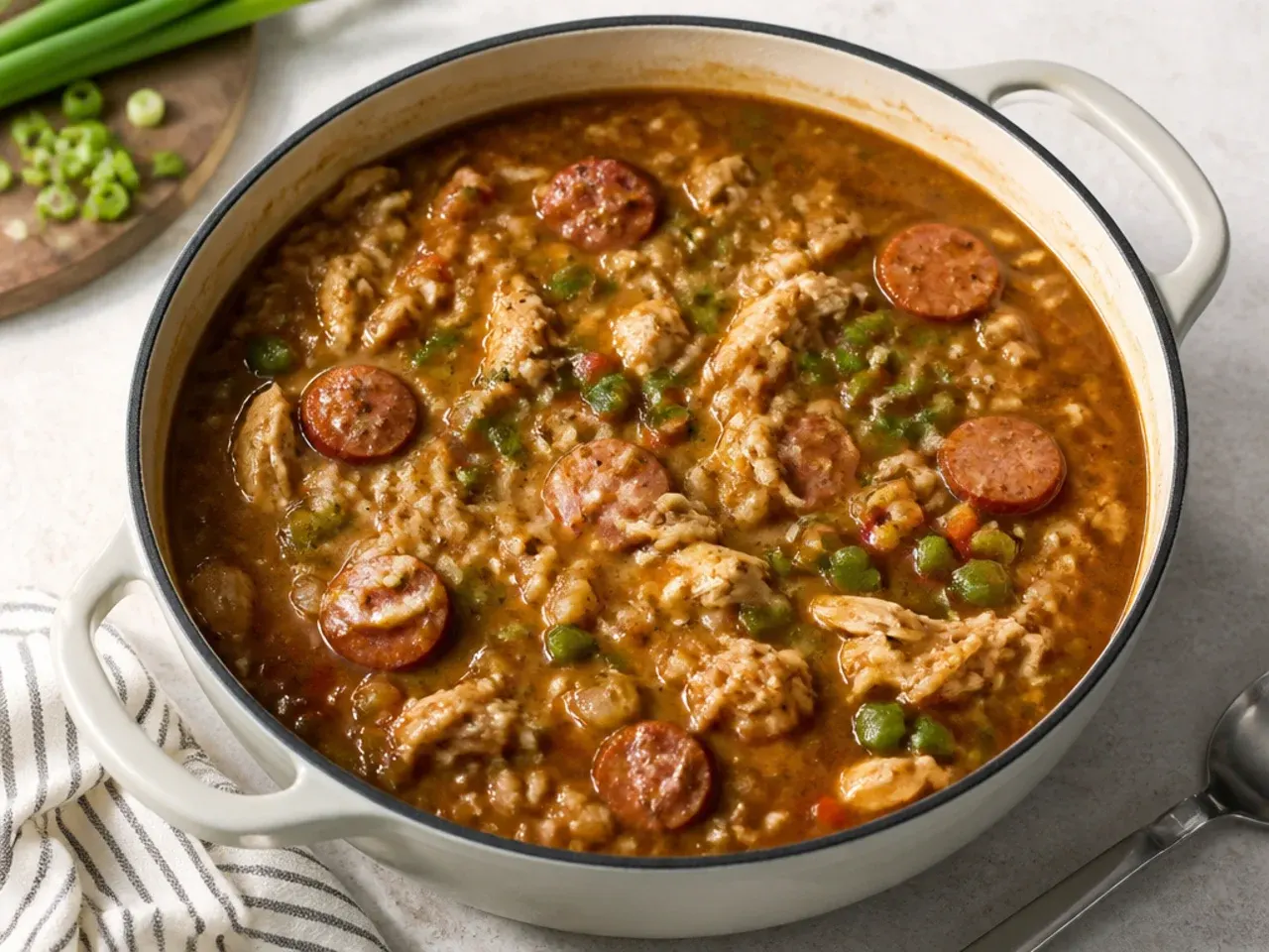 Fast 20-minute healthy gumbo recipe in a pot with rotisserie chicken and sausage