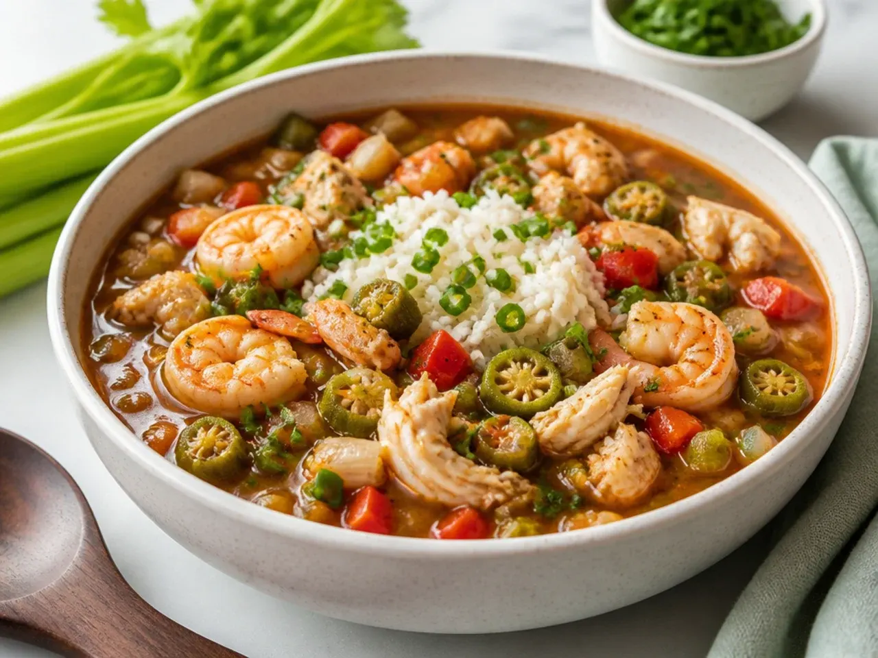 Elegant seafood healthy gumbo recipe with shrimp and crab in a wide bowl