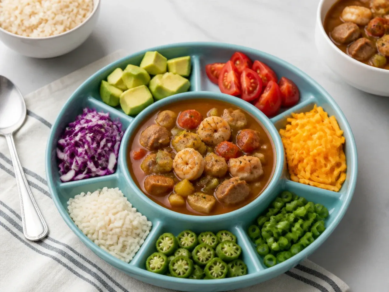 Playful build-your-own healthy gumbo recipe bowls with toppings for kids