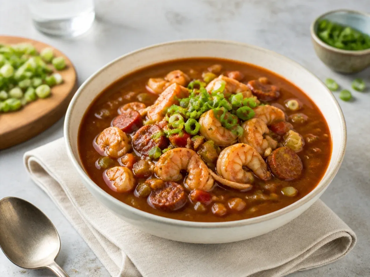 Modern dry-roux healthy gumbo recipe with oven-toasted flour and no added fat