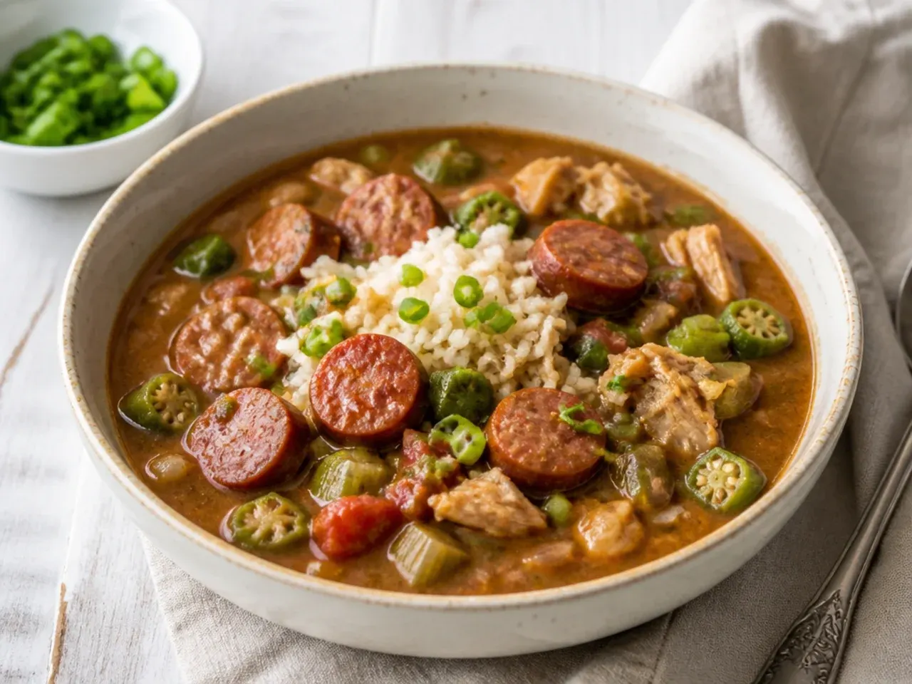 Rustic slow cooker healthy gumbo recipe with sausage and okra