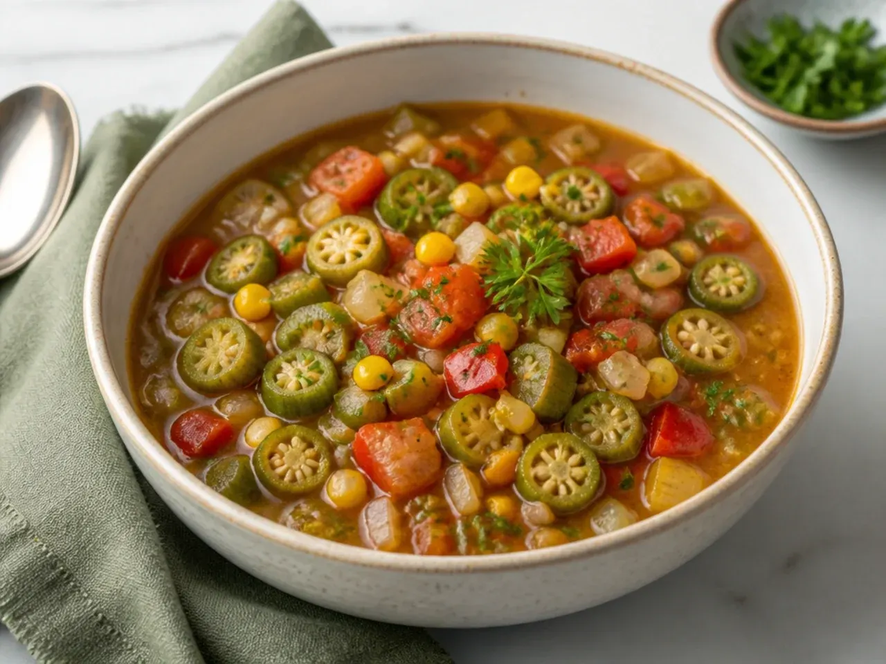 Colorful garden vegetable healthy gumbo recipe loaded with peppers okra and corn