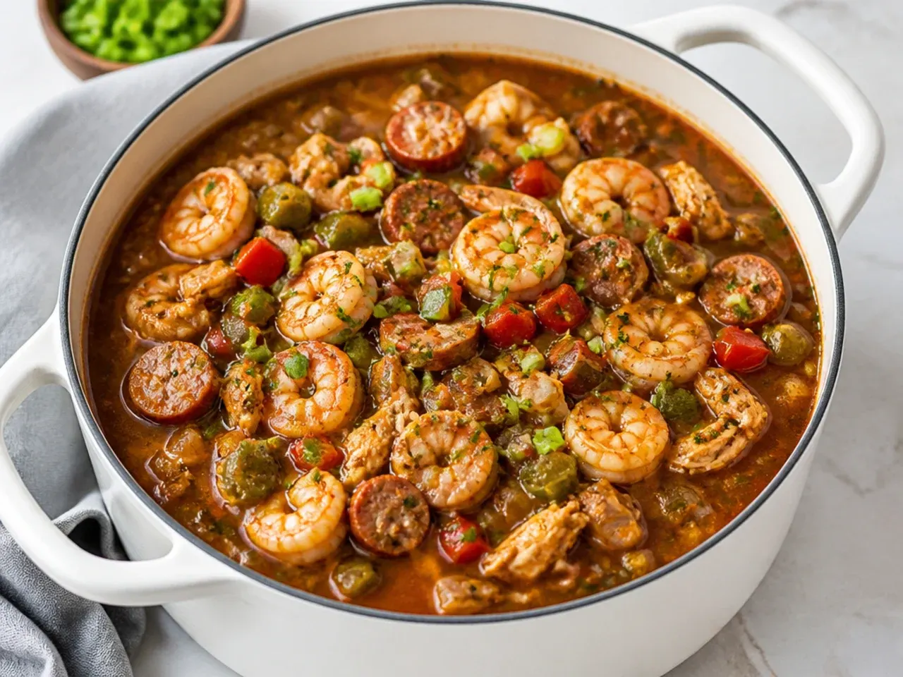 Festive holiday healthy gumbo recipe with sausage chicken and shrimp for a crowd