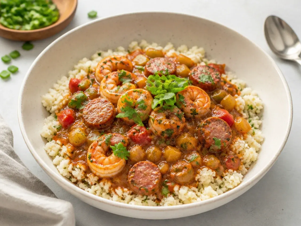 Whimsical low-carb healthy gumbo recipe served over seasoned cauliflower rice