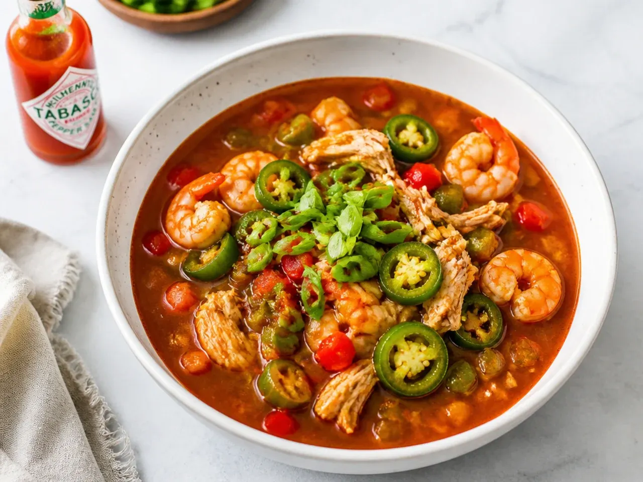 Bold extra-spicy healthy gumbo recipe with jalapenos and hot sauce