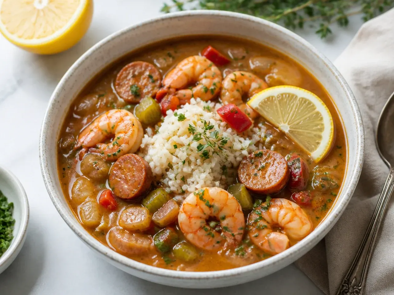 Delicate low-sodium healthy gumbo recipe seasoned with herbs and lemon