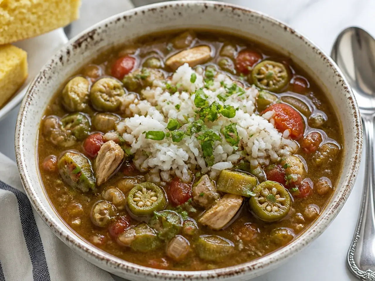Vintage okra-forward Southern healthy gumbo recipe thickened with fresh okra