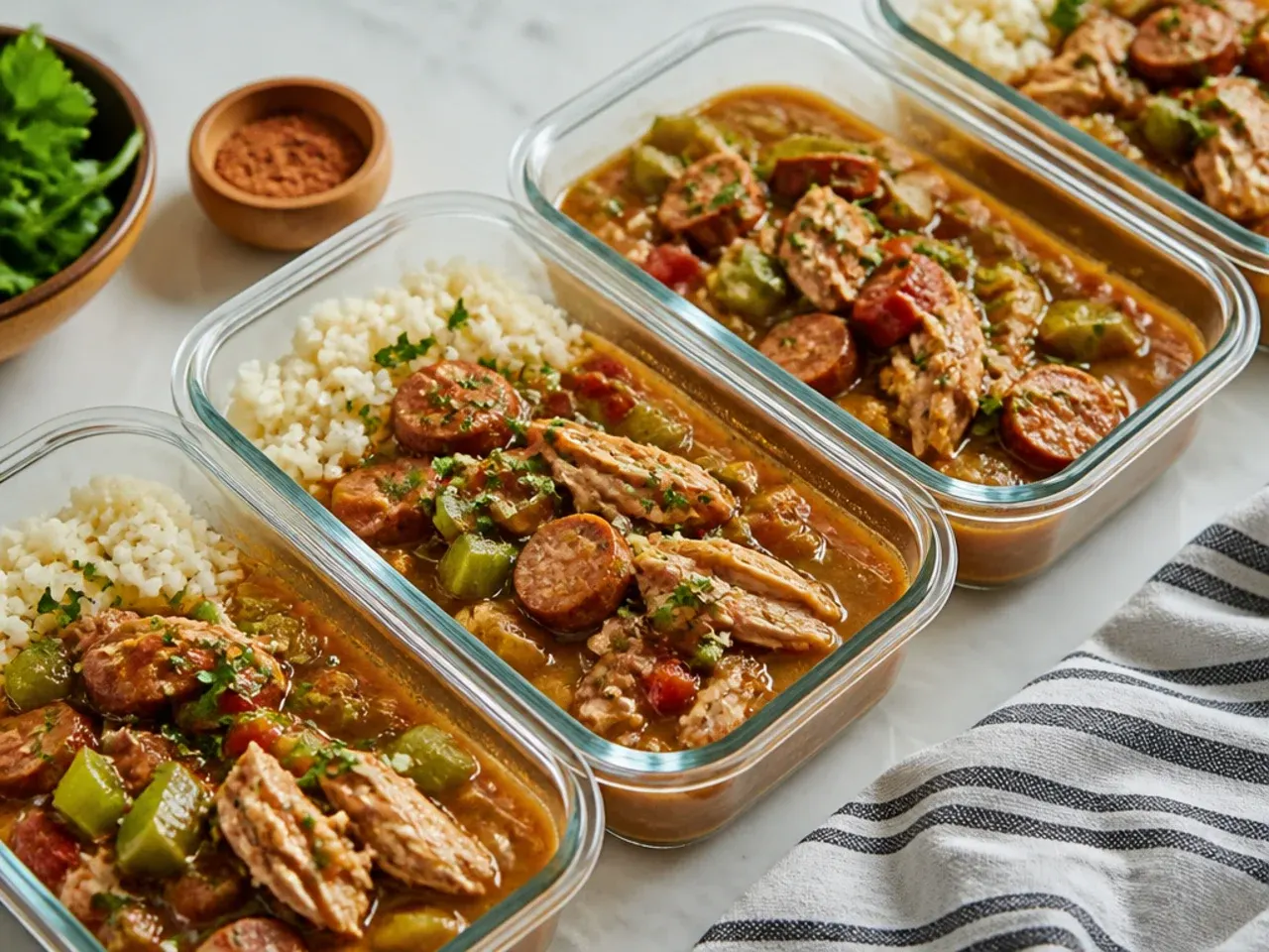 Creative Instant Pot high-protein healthy gumbo recipe portioned into meal-prep containers