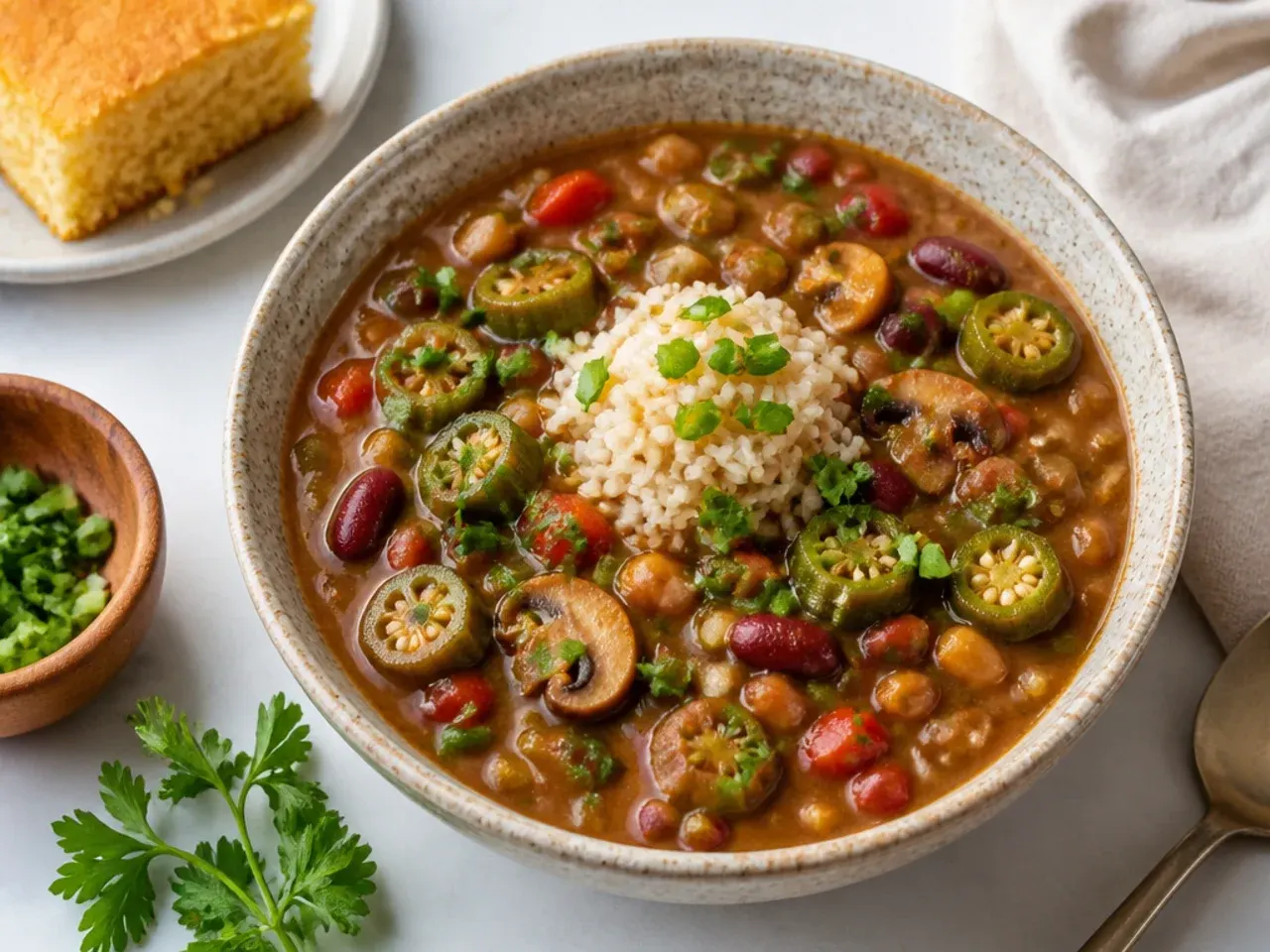 Charming plant-based vegan healthy gumbo recipe with beans okra and mushrooms