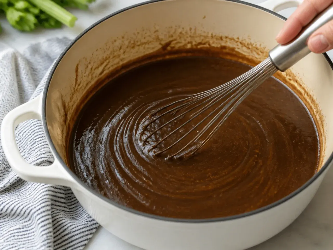Pro tips for a healthy gumbo recipe showing a whisk stirring a dark oil roux