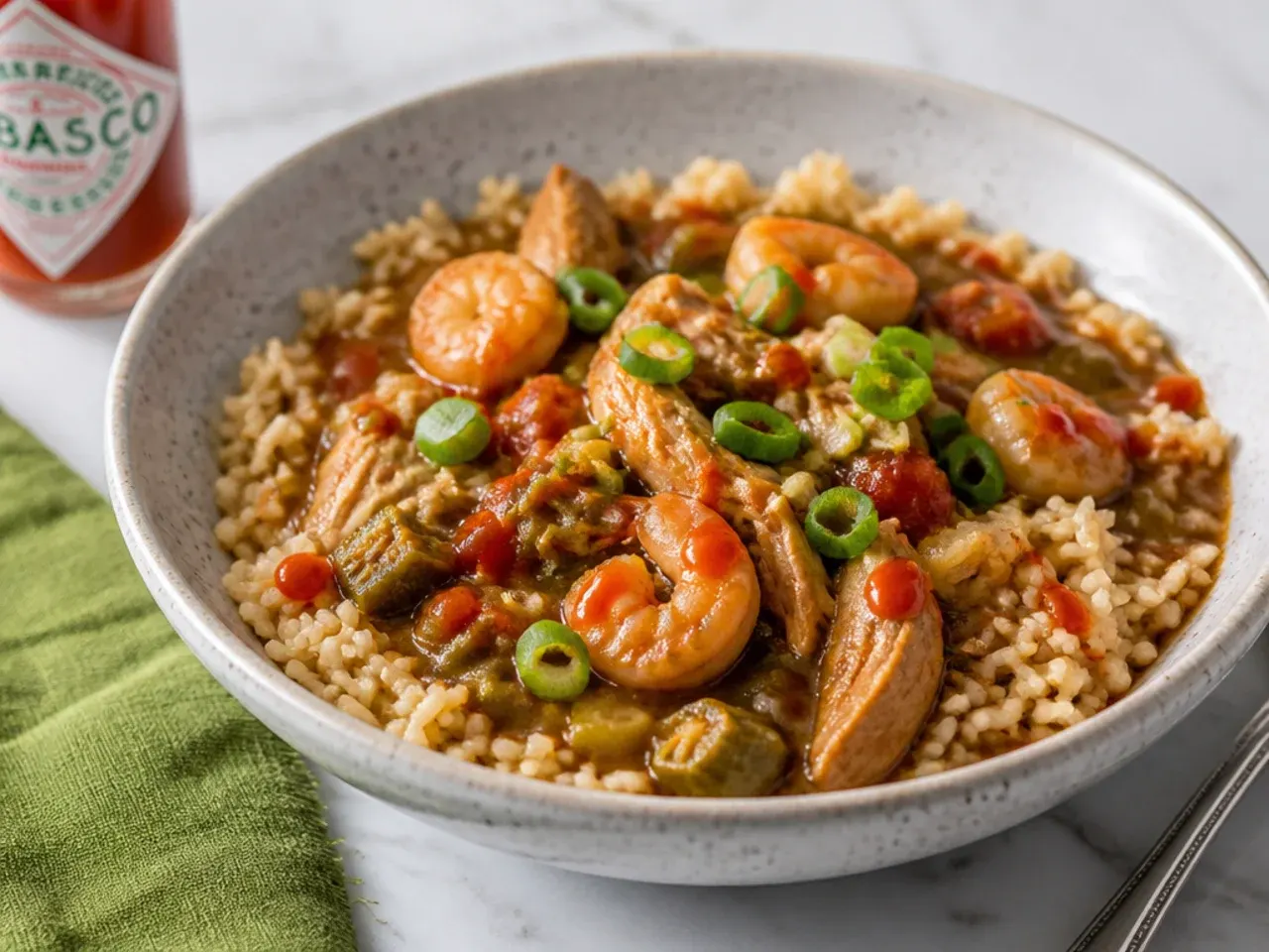 Healthy gumbo recipe served over brown rice with green onion and hot sauce