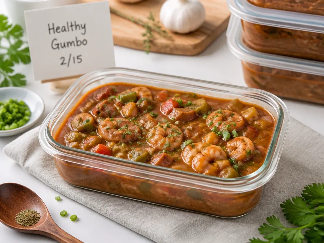 Healthy gumbo recipe stored in glass containers for freezing and reheating