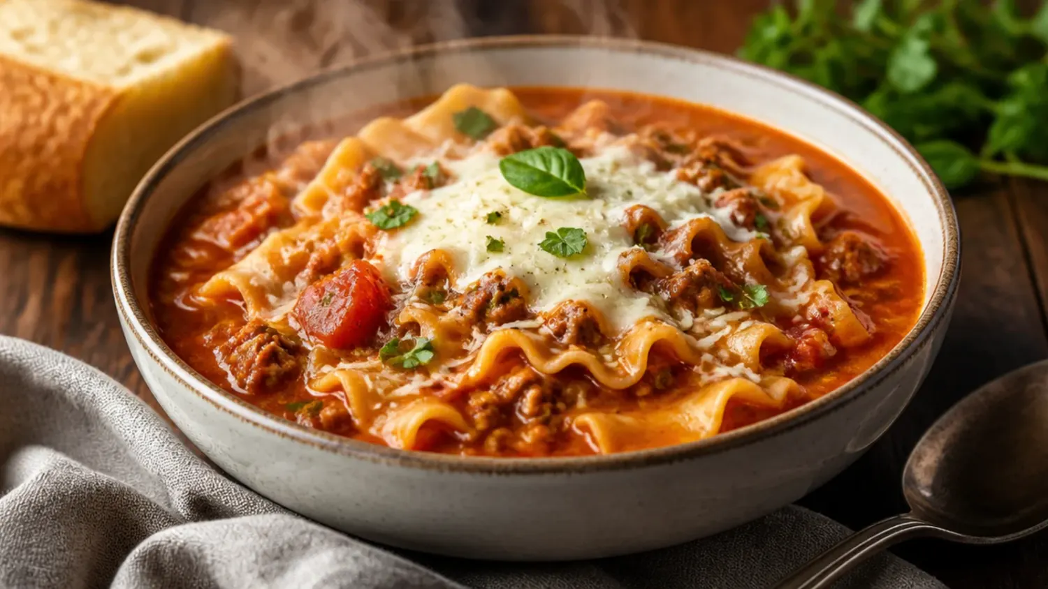 Overhead shot of a bowl of healthy lasagna soup topped with a cottage cheese swirl, melted mozzarella and fresh basil