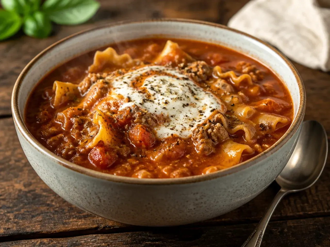 Broken whole-wheat lasagna noodles being stirred into simmering tomato broth