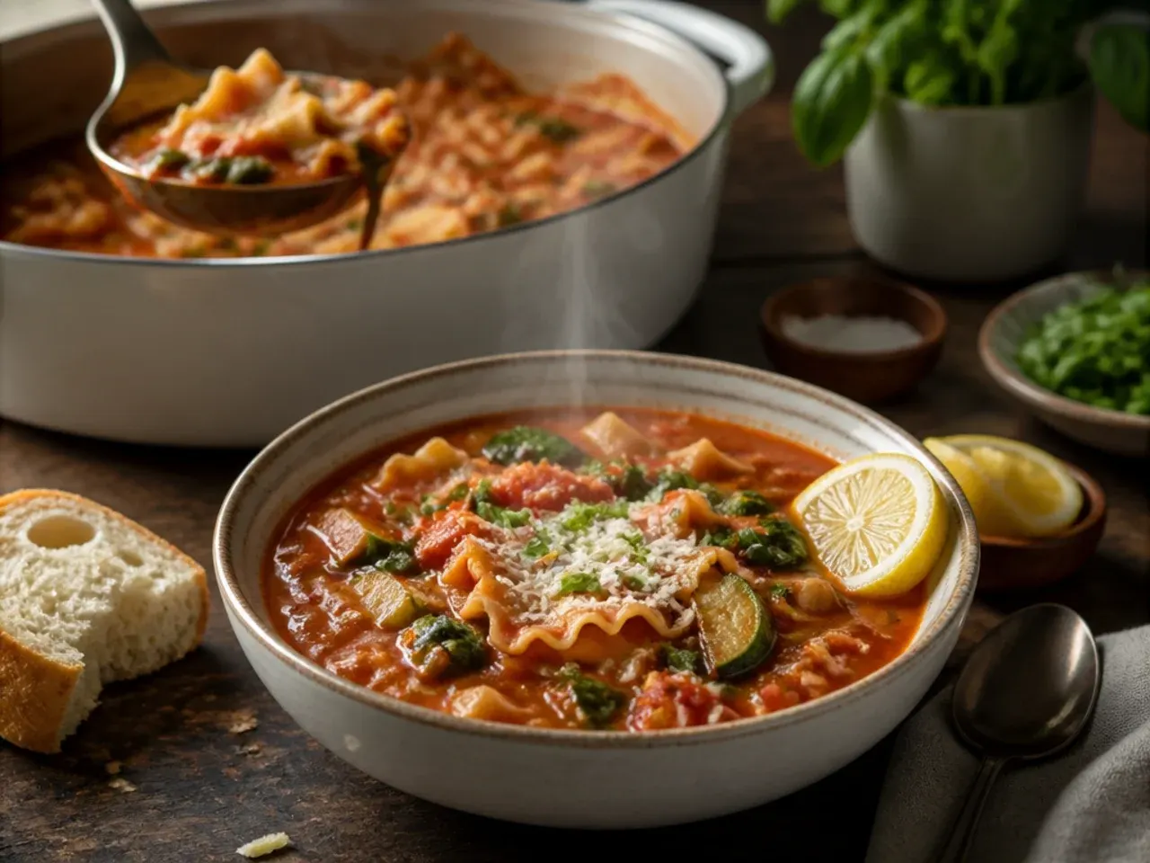 Diced zucchini being stirred into a simmering tomato and broth base