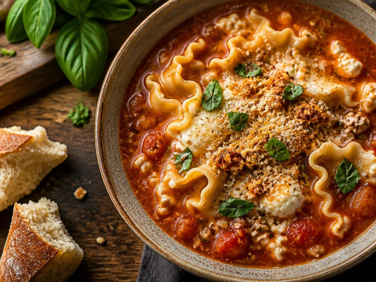 Labelled freezer containers filled with lasagna soup base without noodles