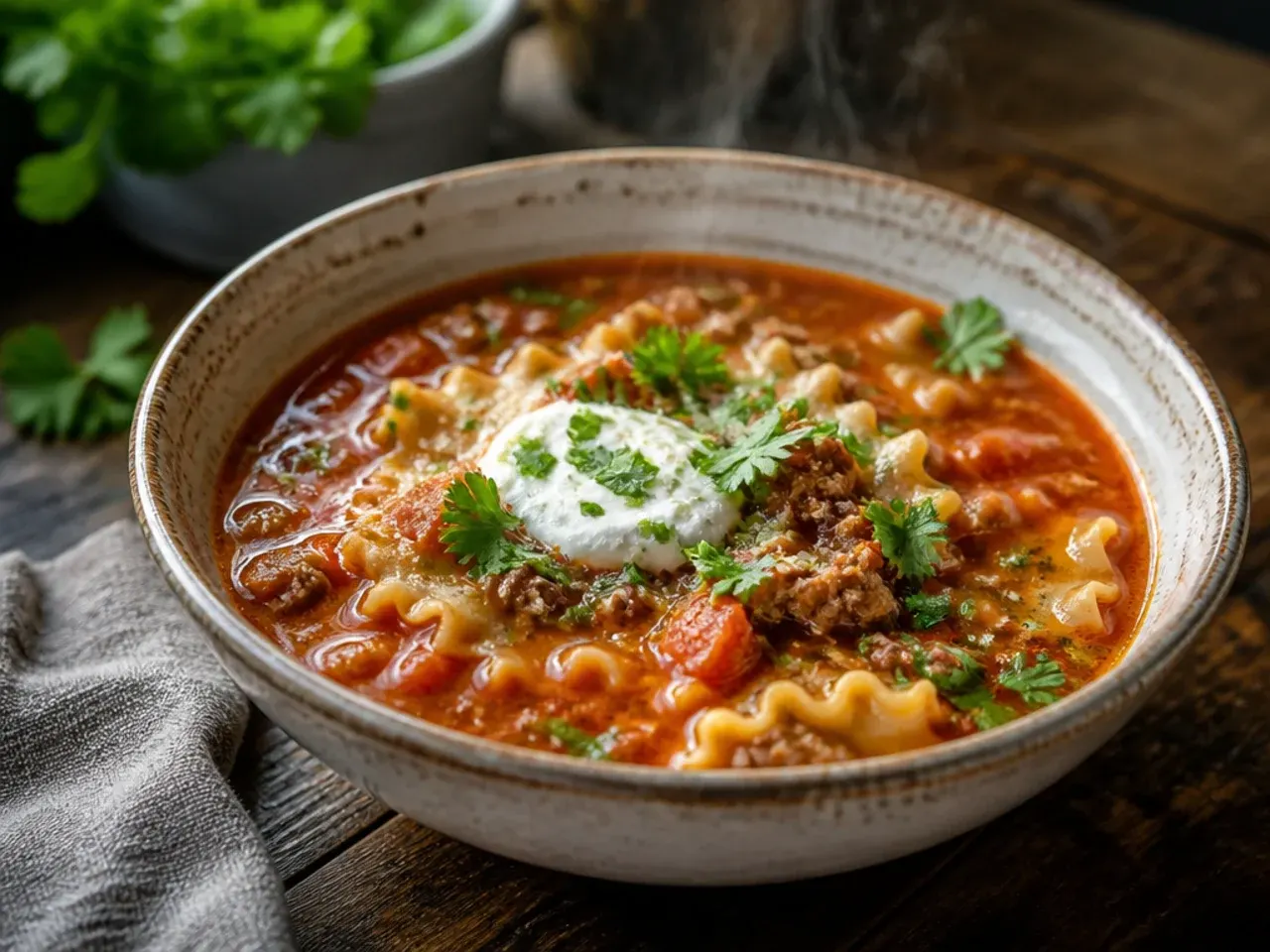 Ladle of loose, spoonable lasagna soup being lifted from the pot