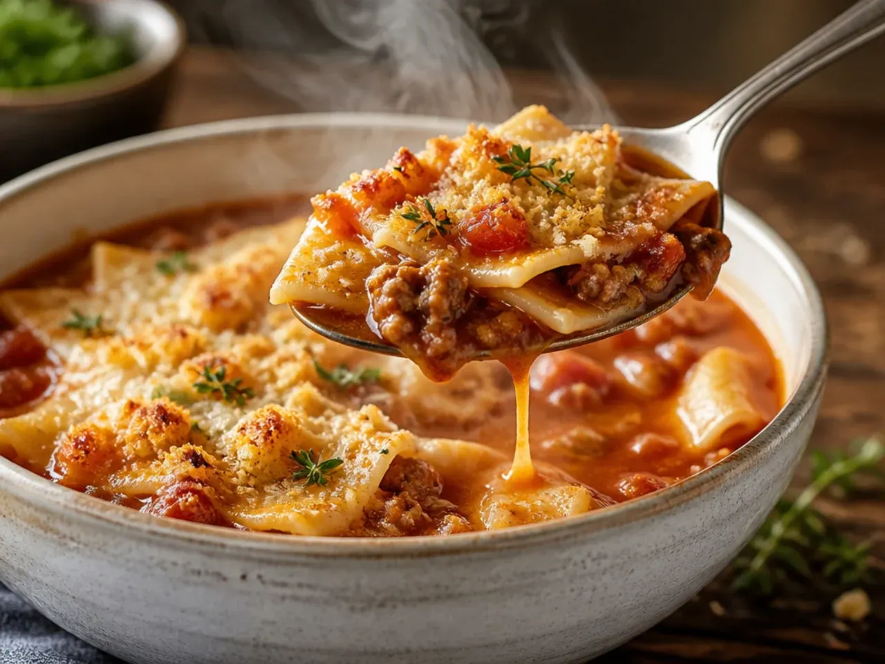 Wide Dutch oven full of lasagna soup simmering on the hob