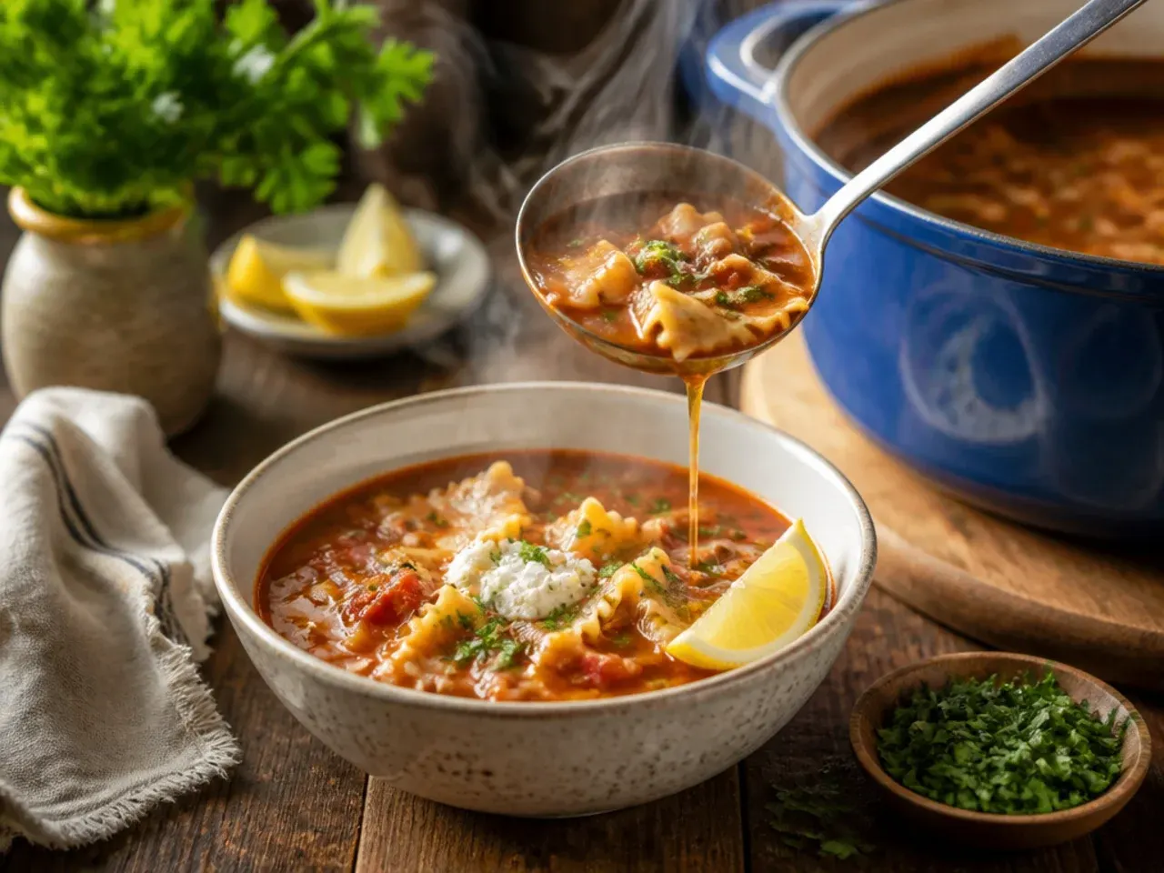Extra broth being poured into a reheating pot of leftover lasagna soup
