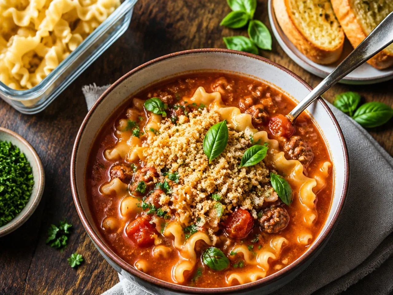 Meal prep containers with lasagna soup base and noodles stored separately