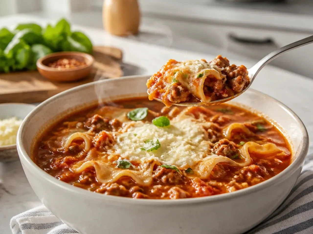 Two bowls of healthy lasagna soup served together at a kitchen table