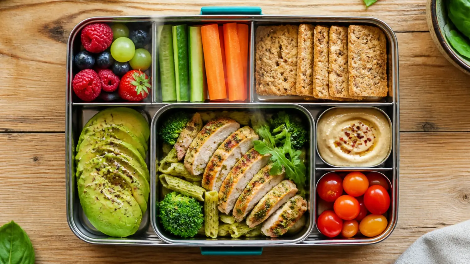 Overhead spread of healthy lunch box ideas including a chicken and quinoa bowl, wraps and fresh salads in airtight containers