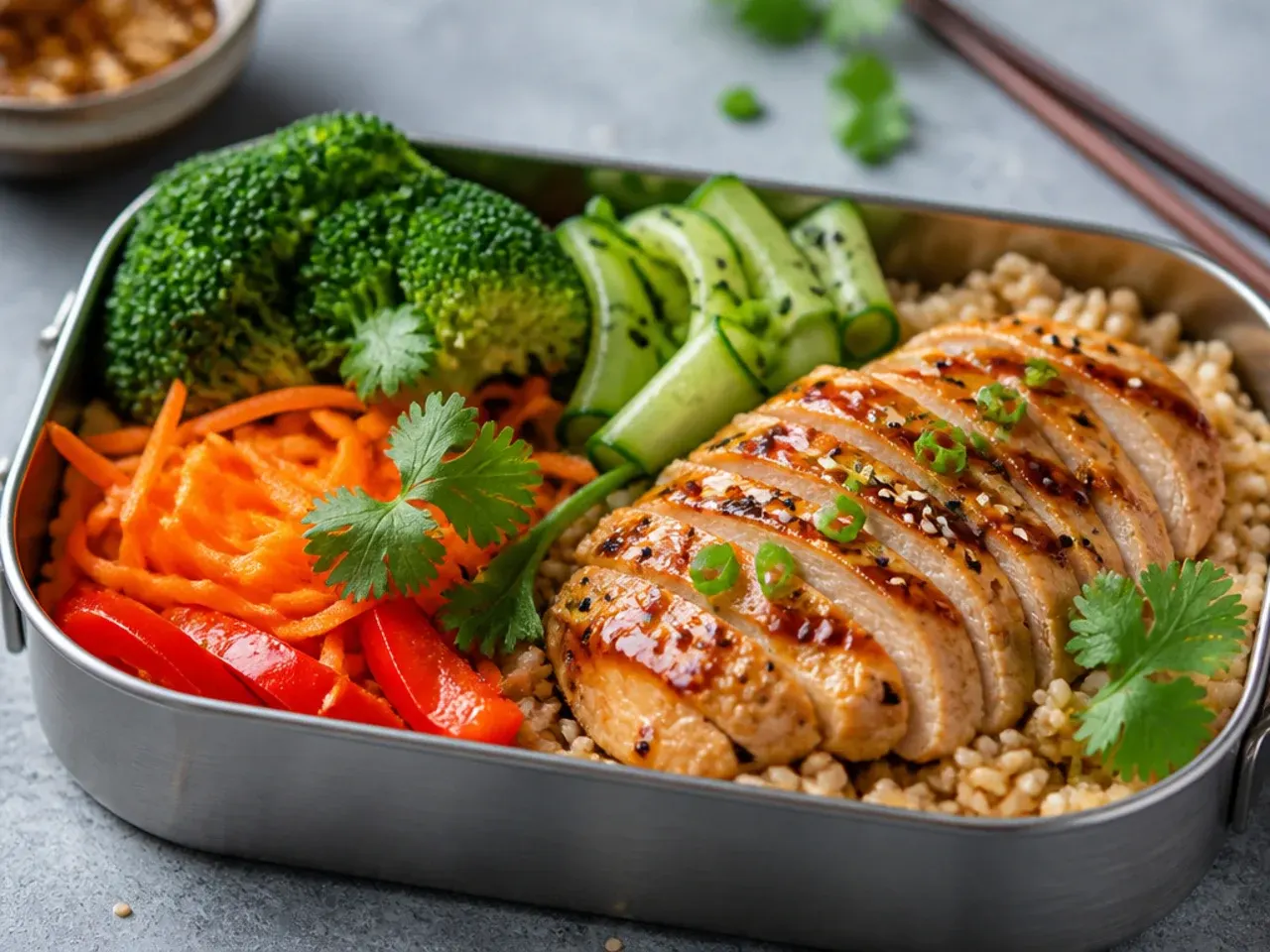 Colourful array of healthy lunch box ideas laid out on a kitchen counter