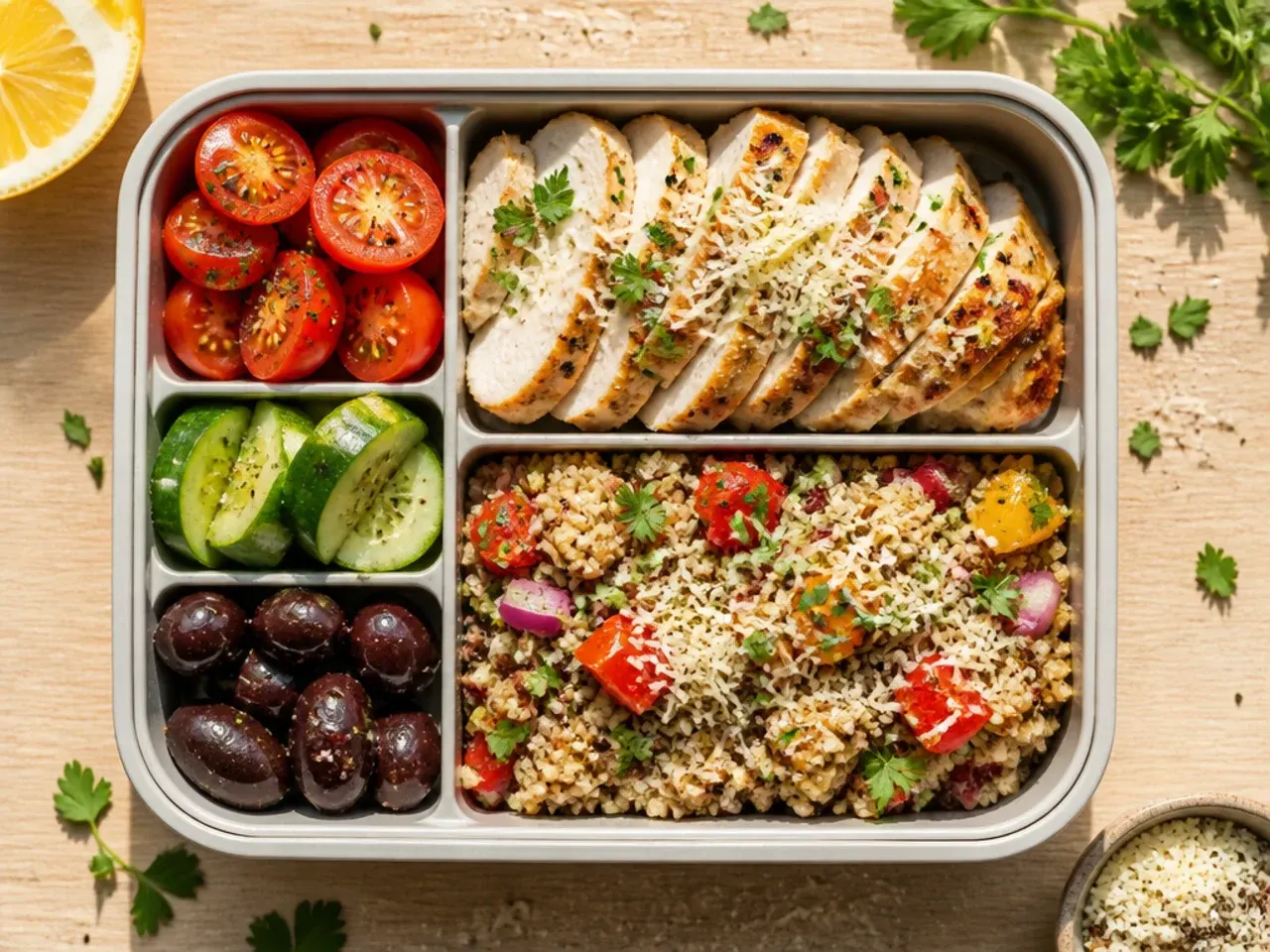 Chicken and quinoa power bowl with cherry tomatoes, cucumber and feta in a lunch container