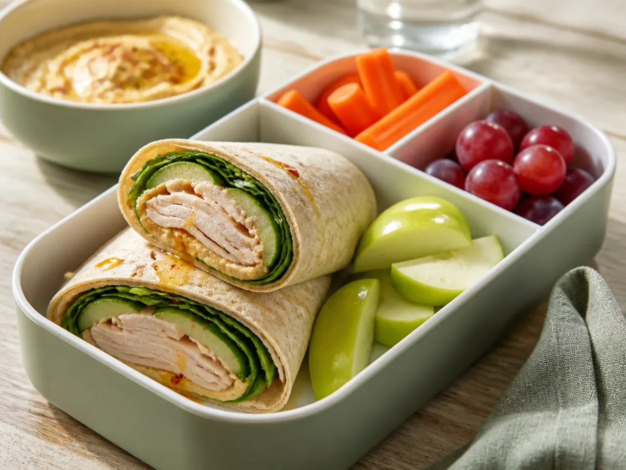 Turkey and hummus wrap sliced in half showing the spinach and carrot layers
