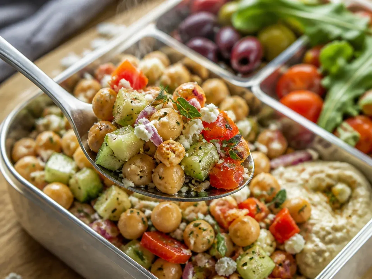 Fresh Mediterranean chickpea salad with feta and cucumber in a lunch box