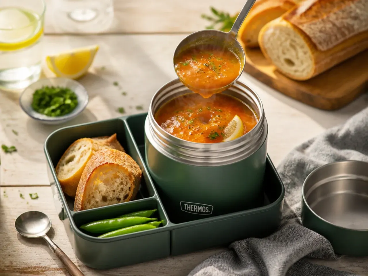 Insulated flask of vegetable soup with a wholemeal roll on the side