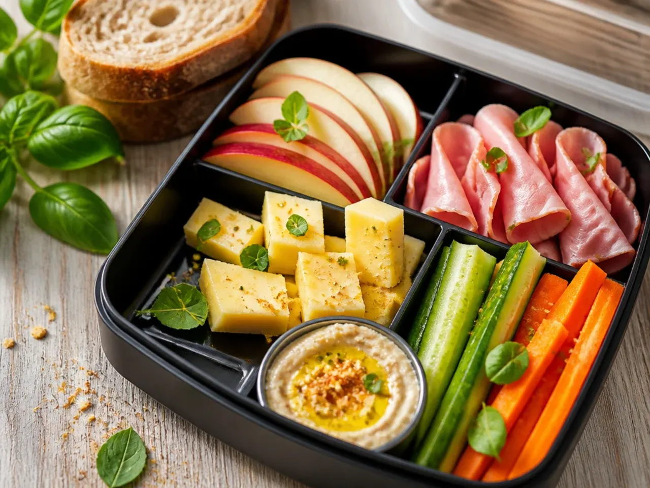 Cheese, ham and crudité lunch box with grapes and dipping sauce