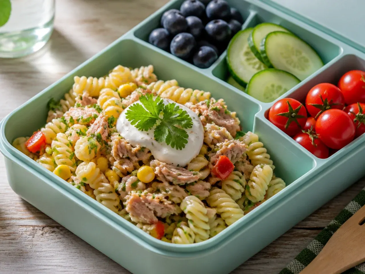 Zesty tuna and sweetcorn pasta salad in a lunch box