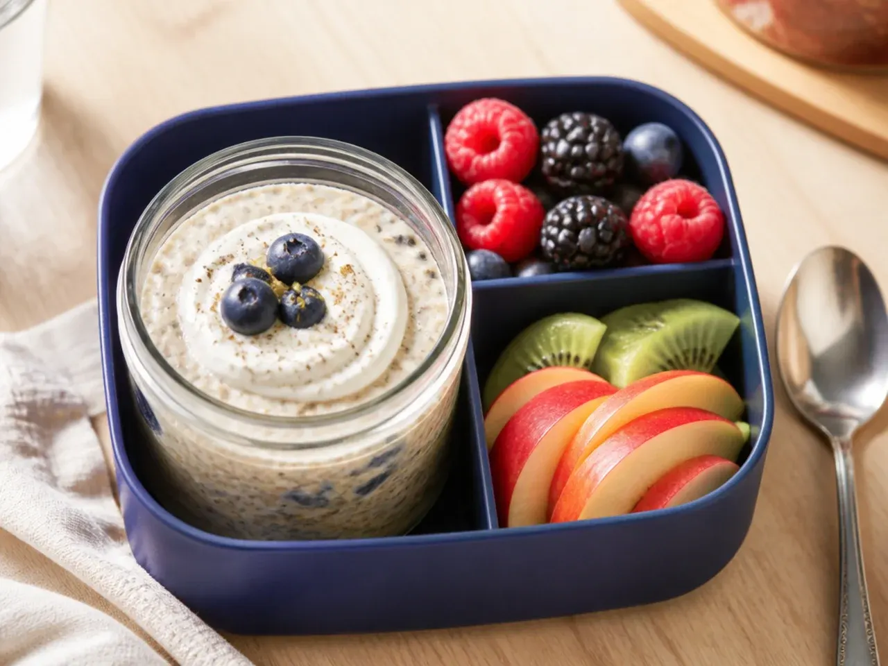 Overnight oats topped with berries in a glass jar for a lunch box