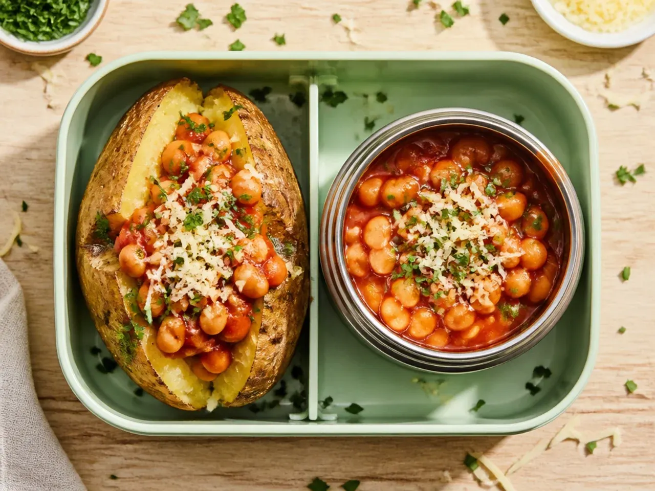 Baked jacket potato with baked beans in an insulated flask