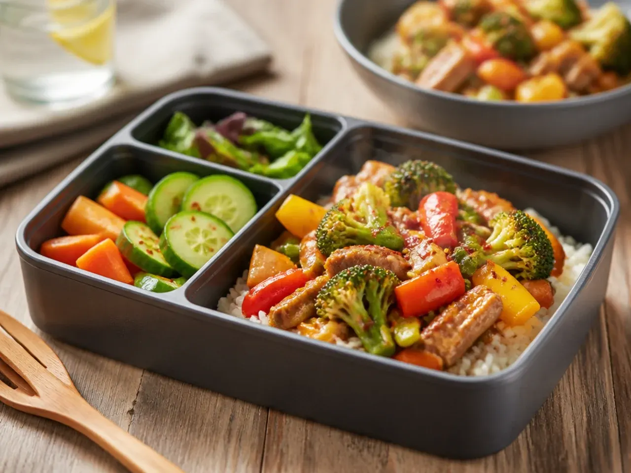 Leftover chicken stir-fry with rice packed in a weeknight lunch box