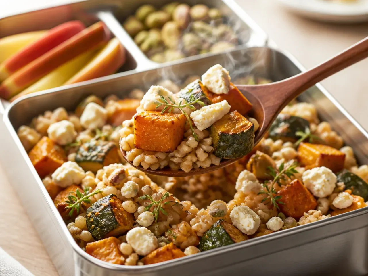 Rustic roasted vegetable and feta grain box with bulgur wheat