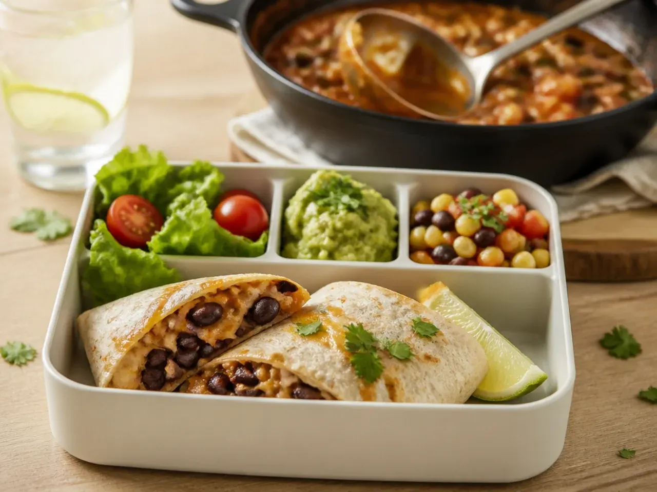 Loaded bean and cheese burrito sliced in half in a lunch box