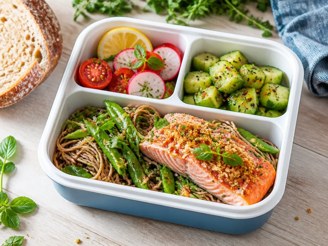 Salmon and soba noodle box with spring onion and sesame dressing