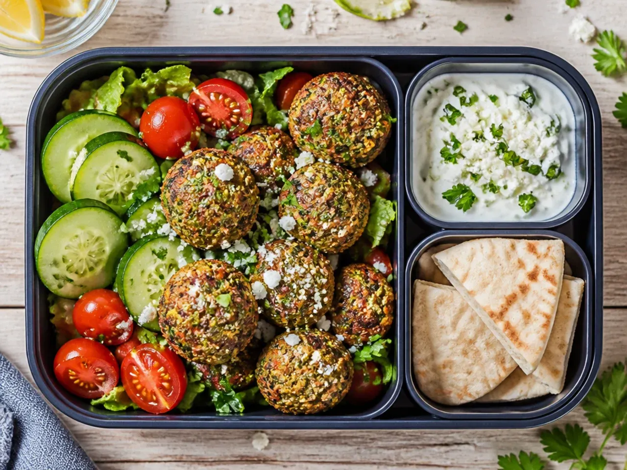 Falafel and tzatziki box with shredded lettuce and diced tomato