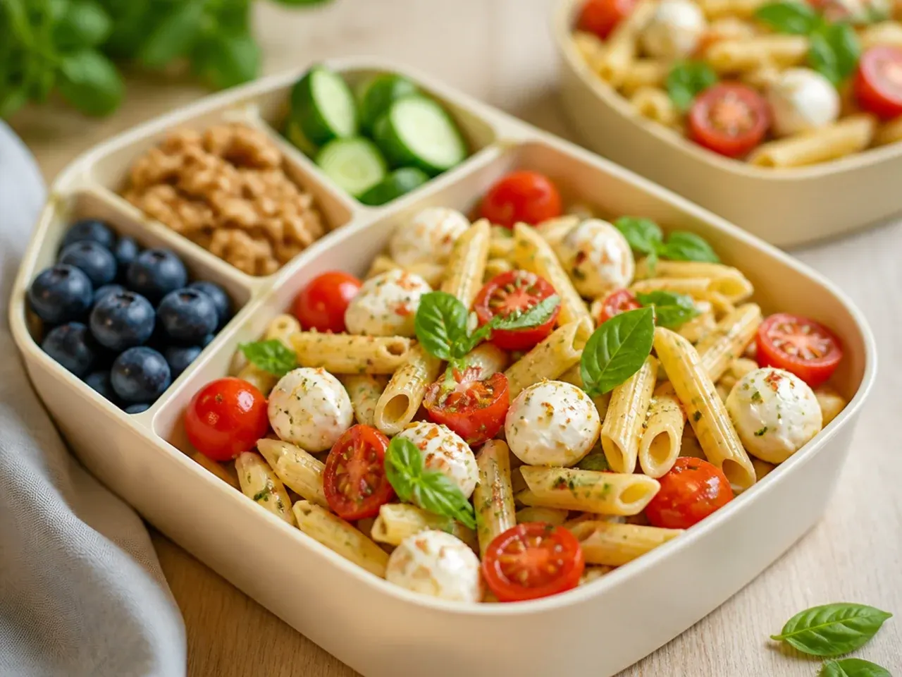 Fresh Caprese pasta salad with mozzarella and basil in a lunch box