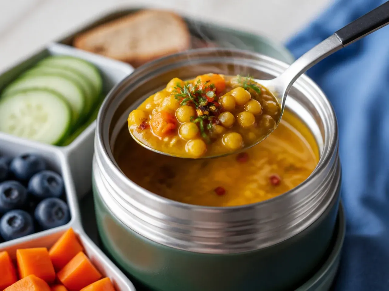 Curried lentil soup in a flask with a side of naan or bread