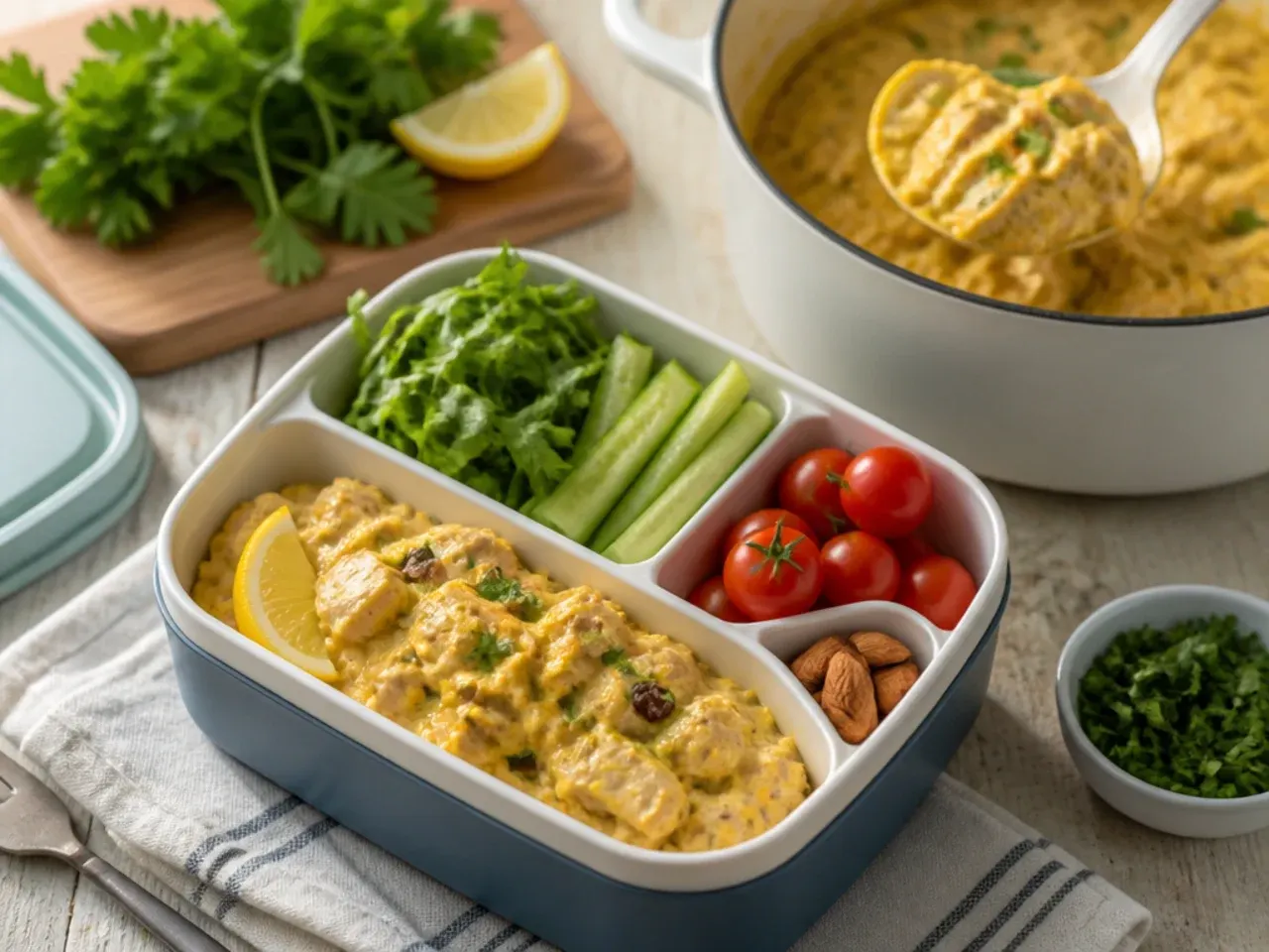 Creamy coronation chicken with sultanas served with mixed leaves